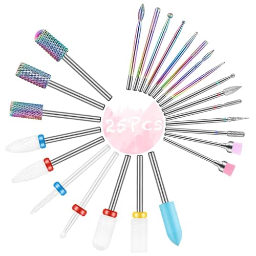 25PC Nail Drill Bits Set,Tungsten Carbide Diamond Ceramic Drill Bits Nails for Acrylic Gel Polish,3/32'' Professional Cuticle Efile Remover Nail Bits for Nail Drill Manicure Pedicure Tool