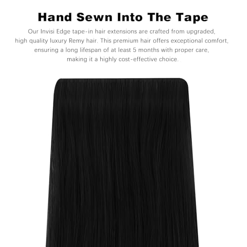 ABH AMAZINGBEAUTY HAIR Invisi Edge Tape in Hair Extensions Real Human Hair, Seamless Injected Hand-Tied Virgin Human Hair Pro Quality Tape ins 20PCS 50G/Pack, Jet Black #1 20 Inch