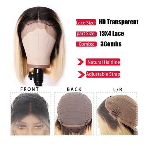 13x4 Hd Blonde Bob Lace Front Wigs Human Hair for Black Women,14" 150% Density Glueless Pre Plucked Ombre Blonde Straight Remy Brazilian Virgin Human Hair Wig with Baby Hair
