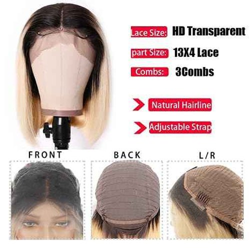 Ombre 613 Blonde Bob Lace Front Wigs Black to Blonde Dark Roots Colored Human Hair Wigs Glueless 13X4 HD Straight Brazilian Virgin Human Hair Wig Lace Wig for Black Women 150% Density (#1B/613)