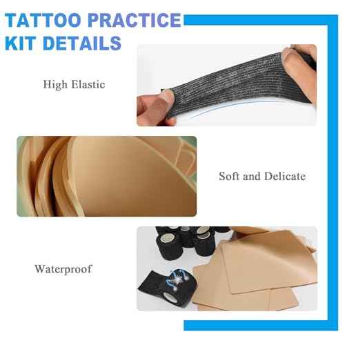 3MM Tattoo Fake Skin and Grip Tape Kit - 17Pcs 3MM Fake Tattoo Skin Practice and Grip Wrap Kit Including 5pcs 3MM Thick Tattoo Skin and 12pcs Self Cohesive Bandage Elastic Machine Tape for Beginners