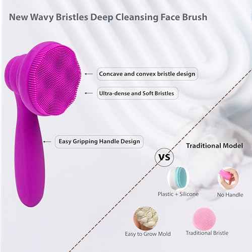 2 PC Silicone Facial Cleansing Brush Facial Scrubber Manual Exfoliating Facial Brush Face Cleanser Face Exfoliator Ultrafine Bristles for Sensitive Skin Easy to Clean Lather Well(Black&Purple)