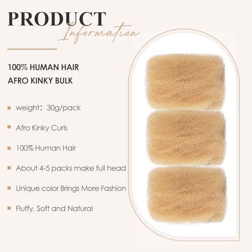 613 Afro Kinkys Bulk Human Hair For Twists, Afro Kinky-Curly Human Hair Bulk For Dreadlocks Extensions,Bulk Human Braiding Hair Afro Kinky Twist Extensions Natural And Soft (22 Inch, 30g/Pack)