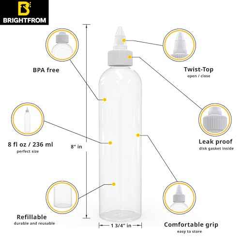 BRIGHTFROM Twist Top Applicator Bottles, Clear 8 OZ BPA-Free Plastic, Empty, Squeeze, Refillable - Open/Close Nozzle - Multi Purpose (Pack of 4)