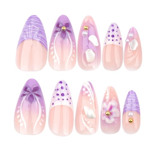 24Pcs French Tip Press on Nails Almond Medium Flower Fake Nails Purple Gradient False Nails with 3D Flowers Pearl Nail Designs Luxury Glue on Nails Acrylic Artificial Nails for Women