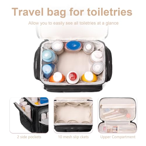 LEDAOU Toiletry Bag for Women, Quilted Travel Makeup Bag Organizer with Double Deck, Large Wide-open Cosmetic Make up Bag for Travel Essentials (Black Puffy)