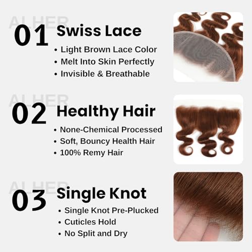 ALHER #33 Reddish Brown Body Wave 13x4 Lace Frontal Human Hair 20 Inch, Copper Brown Auburn Colored HD Transparent Lace Frontal Closure Ear to Ear 100% Virgin Remy Human Hair 150% Density