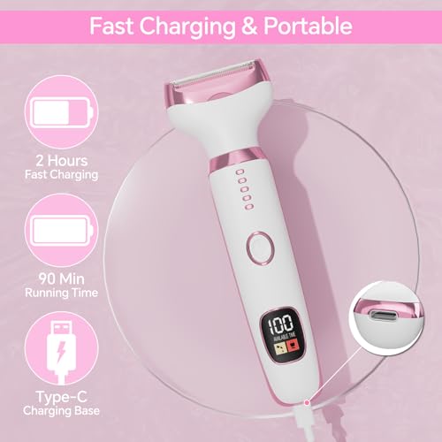 Electric Razor for Women, 4-in-1 Bikini Trimmer & Body Shaver for Nose Hair Face Eyebrow Arms Legs Armpit Underarm Pubic Area, Rechargeable Wet/Dry Painless Hair Removal