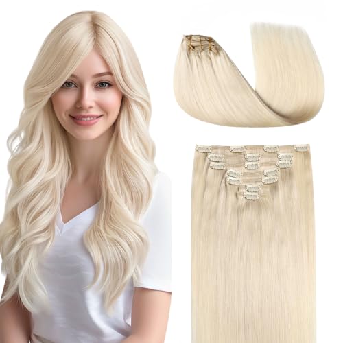 COOKAYU Real Human Hair Clip in Hair Extensions, Remy Hair Clip in Hair Extensions, Platinum Blonde Hair Thick Silky Straight Real Human Hair, 16inch 120g 7Pcs