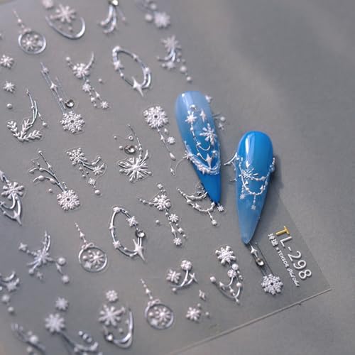 5D Embossed Snowflake Nail Art Stickers Decals Christmas Snowflake Nail Stickers Winter Self Adhesive Nail Decals Xmas Nail Art Decoration Supplies for Women Girls