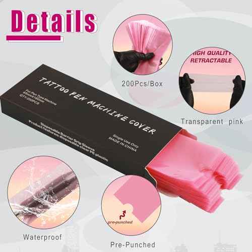Tattoo Machine Pen Covers with 6pcs Pink Grip Tape Wrap,200Pcs Large 2.56 X 7.09 inch Machine Wrap, Combination Grip Tattoo Machine Covers Self-Adhesive Tattoo Tape Wrap Tattoo Supplies