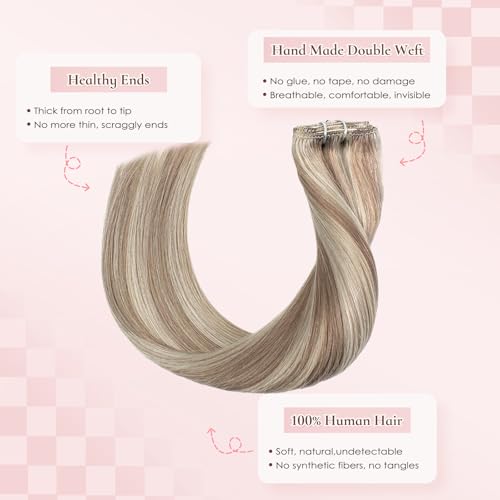 Invisible Clip in Real Human Hair Extensions,18 Inch 85 Gram Ash Brown Highlights Platinum Blonde Remy 7 Pieces With 16 Clips Thick Straight Clip Hair,No Slip No Shedding