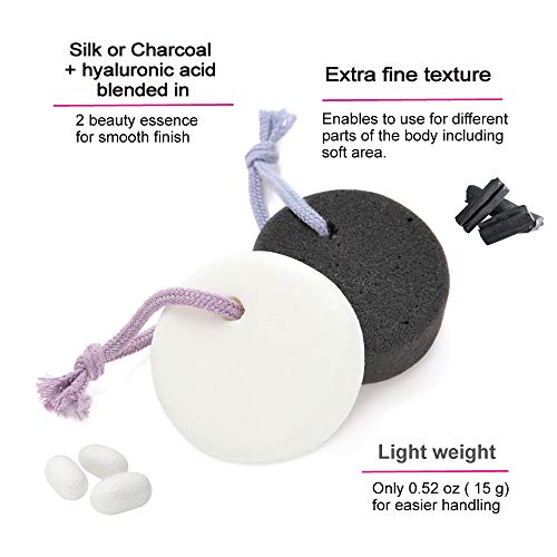 Pumice Stone for Feet, Body, Hands [Made in Japan] Silk or Charcoal Plus Hyaluronic Acid Essence Blended for Extra Fine Smooth Finish, Soft Foot Pumice Scrubber (2 pcs Set (Charcoal and Silk))