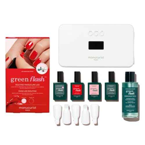 Manucurist - New Green Flash Slim Gel Nail Polish Kit - 36W LED Lamp with Base Coat + Top Coat + 2 Colors: Poppy Red Polish & Pale Pink Hortencia + Remover + Nail Clips - Christmas Gifts for Women