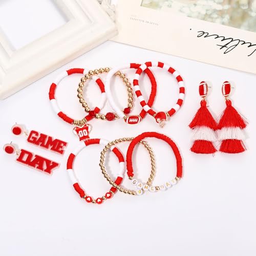 Game Day Headbands for Women Red Spirit Day Accessories Jeweled Football Headband Heishi Bracelets Game Day Tassel Earrings Football Mom Game Day Accessories Outfits Gifts