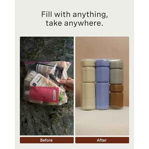 Cadence Travel Containers Haircare Capsule Set - Magnetic Containers with Lids,Carry On Travel Essentials For Women/Men - 3 Flex Mediums (1.32oz) - Shampoo, Conditioner & Comb Icon Labels - Evergreen