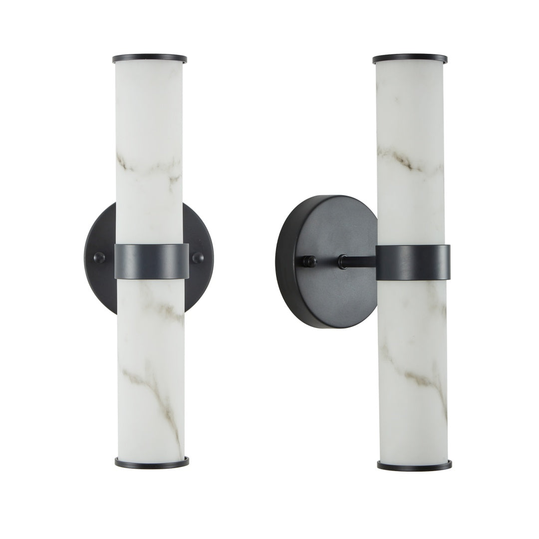 Set of 2 Marble Texture Wall Lights with Black Iron Frame