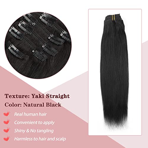 Sixstarhair Clip in Hair Extensions Black Women Italian Virgin Hair Natural Black Double Weft 7 Pieces with 17 Clips Real Human Hair Extensions Clip ins Yaki Straight 120Grams 22 Inch