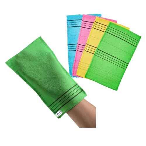 Modu Korean Exfoliating Mitts Large 4PCS (Green, Yellow, Sky Blue, Pink) ? Exfoliating Gloves Body Scrubber Italy Towel Washcloth for Korean Spa at Home, Dead Skin Remover, 100% Vegan Viscose