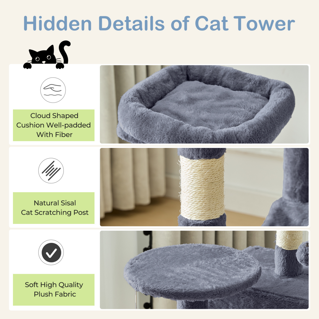 44-Inch Multi-Level Cat Tree Tower with Scratching Posts, Platforms & Hammock