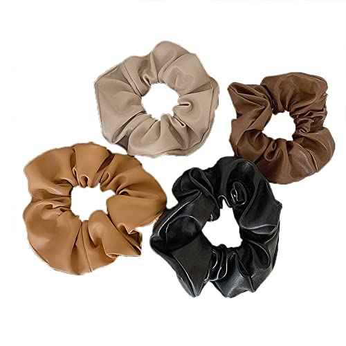 Big Hair Scrunchies for Women Girls 4 Pcs Soft Leather Scrunchies Ponytail Holders for Thick Hair Rubber Bands for Womens Elastic Hair Ties