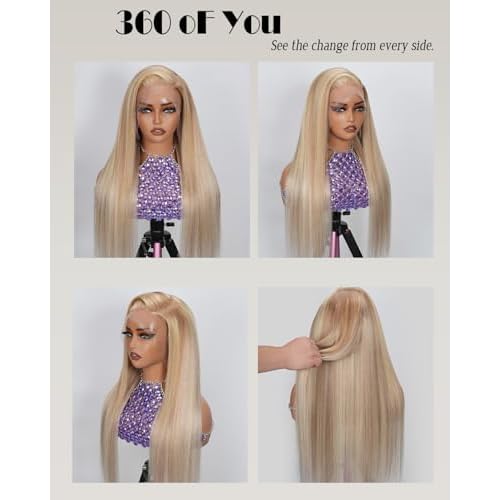 Ombre Balayage Ash Blonde Wig Human Hair,13x6 HD Glueless Lace Front Wigs Pre Plucked Virgin Hair 180% Density Light Brown to Platinum Blonde Highlights Silky Straight Baby Hair with Baby Hair