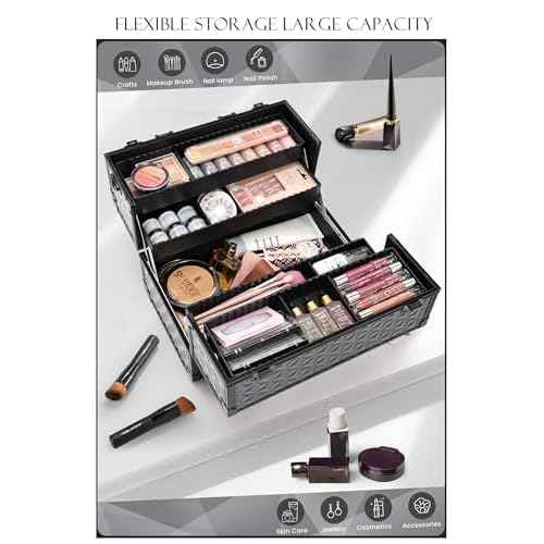 Joligrace Makeup Train Case Professional Cosmetic Organizer Aluminum Storage Box with 4 Adjustable Dividers Trays Lockable Portable with Shoulder Strap