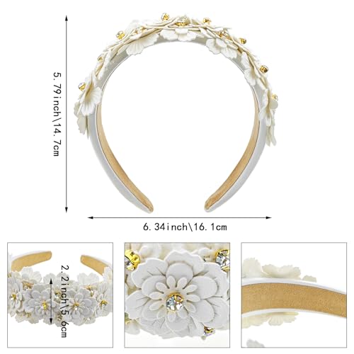 Flower Headband for Women, Glass Rhinestone Vintage Padded Headband, Bejeweled Wide Head Band, Fashion Bejewelled HairHoop Accessory, White