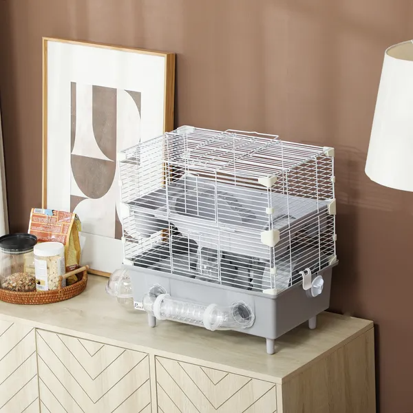 Hamster Cage with Sand Bathroom, Running Wheel & Accessories - Dual-Level Small Pet Habitat