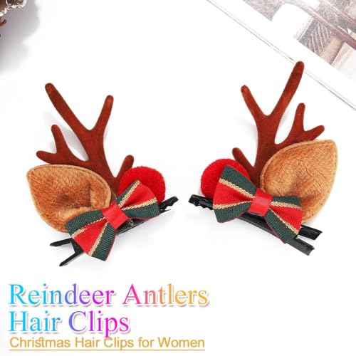 BARTOSI Christmas Hair Clip Reindeer Antlers Hair Clips Xmas Bow Hairpin Christmas Hair Accessories for Women and Girls (Pack of 2)