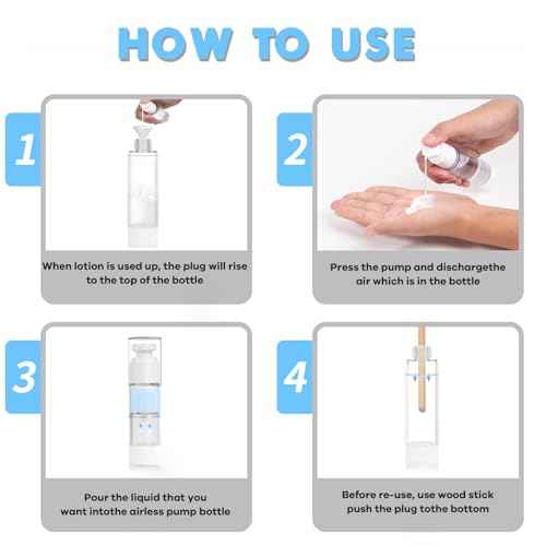 0.5 OZ/15ML Airless Pump Bottles, 3 Pack Lotion Dispenser Travel Size Pump Bottles, Vacuum Cosmetic Travel Bottle for Lotion, Creams, Foundation, Cosmetic, with Labels, Wooeden Stick