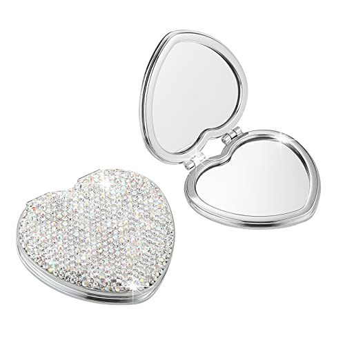 AsAlways Rhinestone Compact Pocket Mirror Portable Travel Cute Cosmetic Mirror Folding Handheld Double-Sided 1x/2x Magnifying Purse Mirror (Silver)