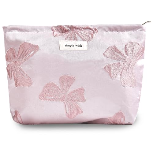 Pink Bow Makeup Bag for Purse Zipper - Large Capacity Canvas Cosmetic Organizer, Coquette Preppy Travel Toiletry Pouch for Women and Girls Gift Idea