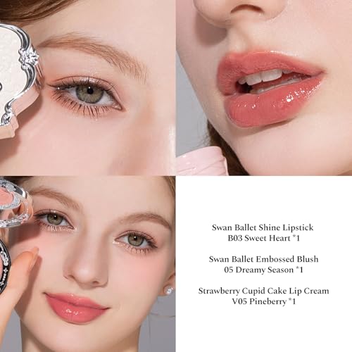 Flower Knows Swan Ballet 5-Piece Makeup Set,Shine Lipstick(B03) + Powder Blush(05) + Eyeshadow(01) + Canvas Tote Bag + Hair Clip,Gift for Girls & Women