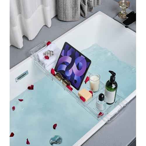 Bathtub Caddy Tray,Adjustable Bathtub Tray Table, Bath Organizer for Relaxing Spa-Features 2 Cup Holders, A Phone Stand with 5 Angle Adjustments,Non-Slip Silicone Pads,Won't Get Moldy,Easy to Clean.