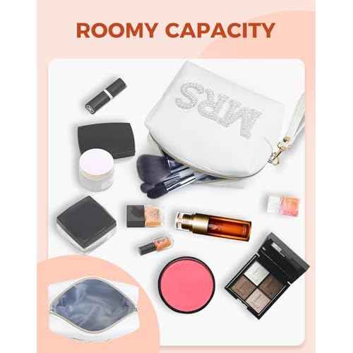 Fmeida MRS Patch Makeup Bag Bride Small Cosmetic Bag for Purse with Pearl Rhinestone Patches White PU Leather Detachable Handle Bride to be Gifts for Bachelorette Party Wedding Bridal Shower