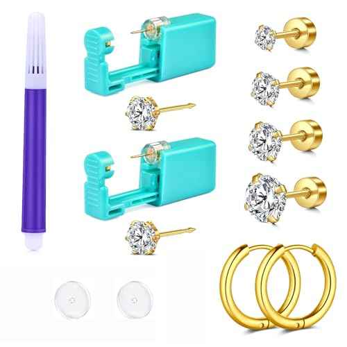 QWALIT Ear Piercing Gun Kit - Gold Self Piercing Earrings Kit With Studs