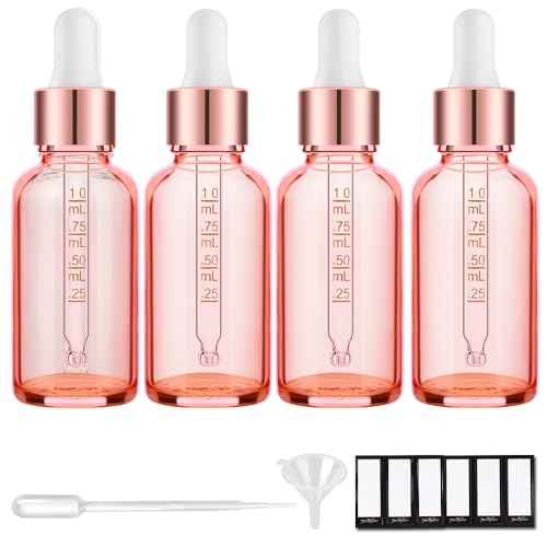PrettyCare 4 Pack 1oz Dropper Bottles for Essential Oils with Labels, Funnel & Measured Pipettes, 30 ml Leak Proof Rose Glass Essential Oils Bottles- Empty Tincture Bottles for Personal Care & Beauty