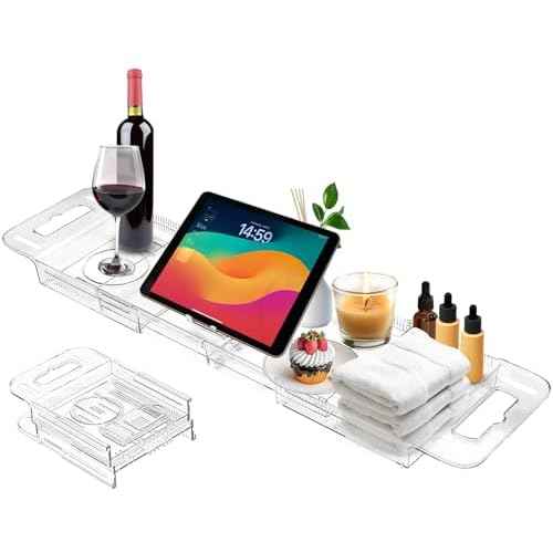 Expandable Bathtub Tray Caddy, Clear Bath Tray for Tub for Bath Relaxing, Foldable Bath Table Trays, Bathtub & Bathroom Accessories for Women Gift, Anniversary or Wedding Gifts, New Home