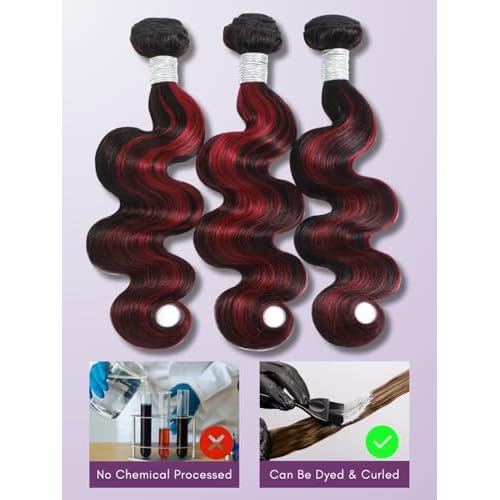 99J Burgundy Highlight Body Wave 3 Bundles Human Hair, 12A 100% Virgin Burgundy and Black Colored Human Hair Bundles Thick Track Ombre Red 99J Brazilian Quick Wavy Weaves Sew In Remy 10 12 14 In
