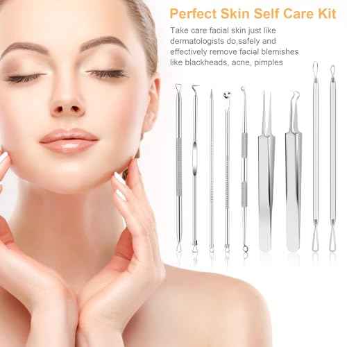 9 PCS Blackhead Remover Tools, Pimple Popper Tool Kit & Comedone Extractor - Professional Acne, Zit, Blemish & Whitehead Removal for Face & Nose, with Stainless Steel Tweezers & Travel Case, UUBAAR