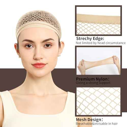 Fandamei Wig Cap, Hair Net for Wigs, 30 CM Large Mesh Wig Cap for Long Hair for Women, Nylon Hair Net Non Slip for Halloween Rave Party Cosplay-Light Brown 2 PCS