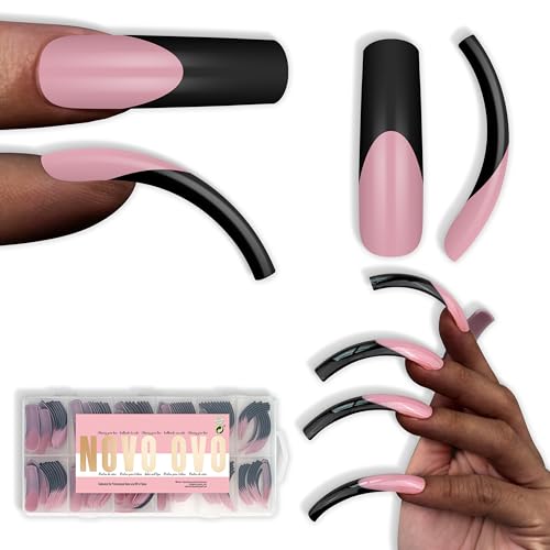 NOVO OVO Halloween Black XXL Curved Square French Tip Nail Tips Press on BERRY PINK, Full Cover Extra Thick Long XL Acrylic Hawk Curve Fake Extension Kit, Need Top Coat for Salon DIY 12 Sizes 144 pcs