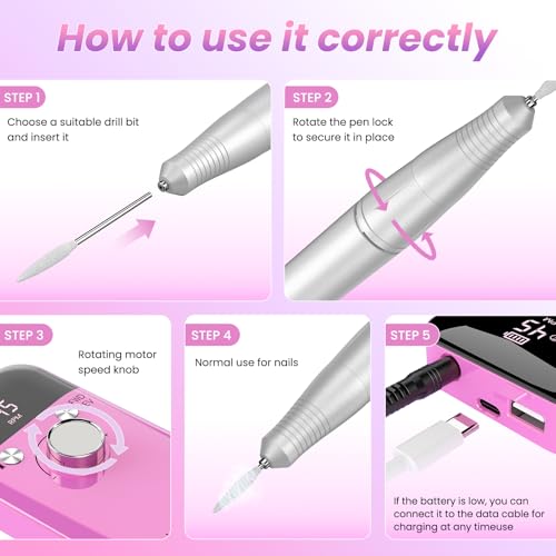 Portable Nail Drill Electric File: Cordless Nail Drills for Acrylic Nails Professional Rechargeable Nail Machine Kit Manicure Pedicure Tools Polishing Set for Shaping, Removing & Polishing Gel Nails