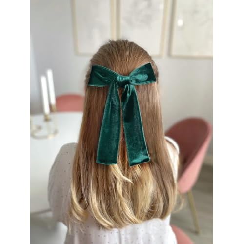 4 Pcs Velvet Hair Bows Set, Hand-made Velvet Bows Hair Clips for Little Teen Toddler Girls Kids(Dark Green)