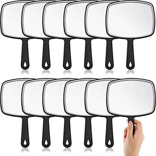 Geetery 12 Pcs Hand Held Mirrors with Handles Hand Makeup Mirrors Bulk Wall Mount for Women Cosmetic Bathroom Home Barber Salon Travel Portable Beauty School Gift, 6.69 x 9.45 Inch (Black)