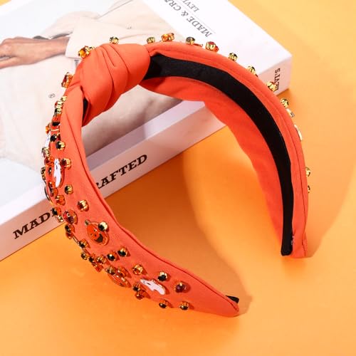 Halloween Headband for Women Spooky Pumpkin Spider Ghost Headband Jeweled Rhinestone Crystal Knotted Headbands Embellished Wide Top Knot Headbands Halloween Hair Accessories Gifts (Ghost&Pumpkin)