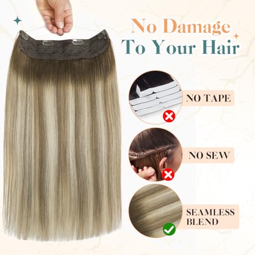 Sindra Wire Hair Extensions Human Hair Balayage Walnut Brown to Light Brown With Blonde Fishing Line Extensions 20Inch 85g Remy Invisible Wire W20#3/8/22