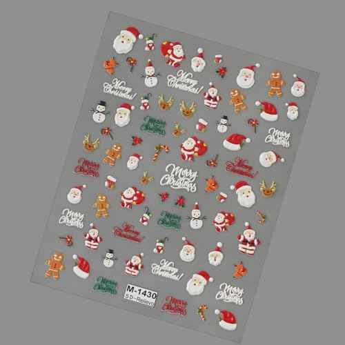 1 Sheets Christmas Nail Art Stickers Decals 5D Self-Adhesive Pegatinas U?as Santa Claus Snowman Gingerbread Man Xmas Winter Holiday Cute Elk Nail Supplies Nail Art Design Decoration Accessories