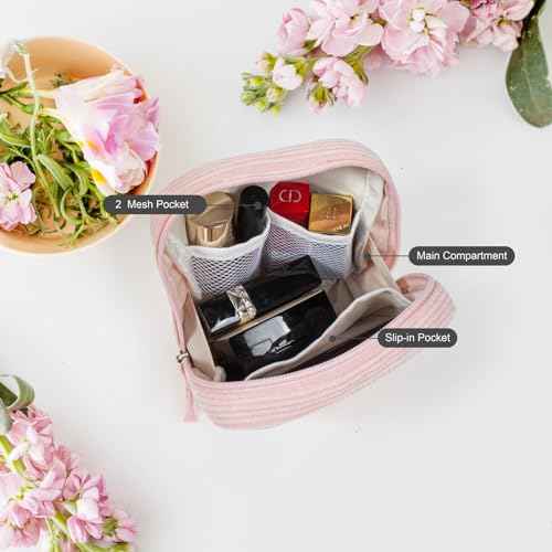 2Pcs Makeup Bag for Women, Large Corduroy Cosmetic Bag Capacity Travel Toiletry Bag Mini Makeup Pouch for Purse Small Makeup Organizer Bag Cute Makeup Brushes Storage Bag (Large+Mini Pink)